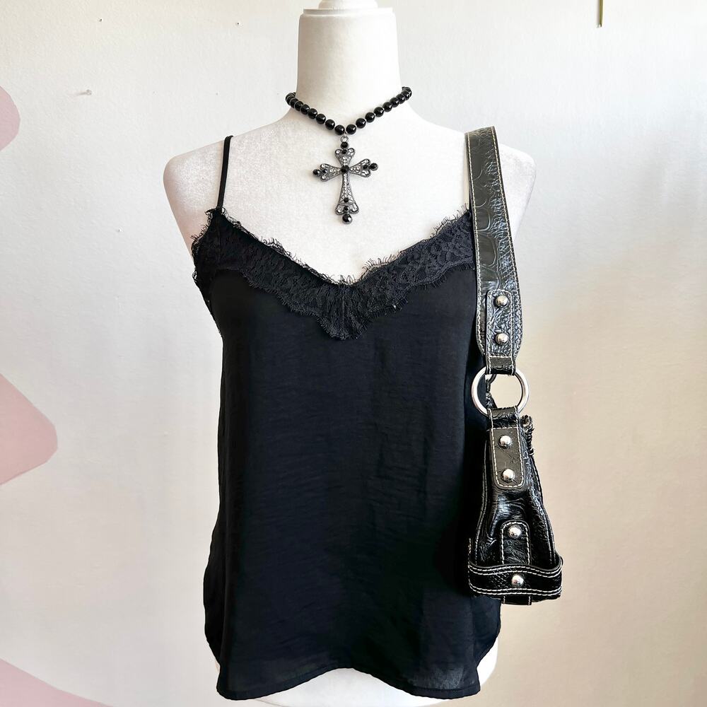 Black Lace Trim Cami Top, Y2K, Coquette, Grunge, Romantic, Sleeveless, XS